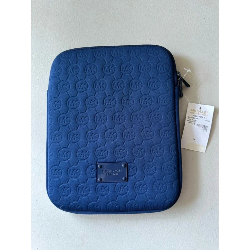 NWT Michael Kors Navy Signature Embossed Monogram Neoprene iPad Tablet Case